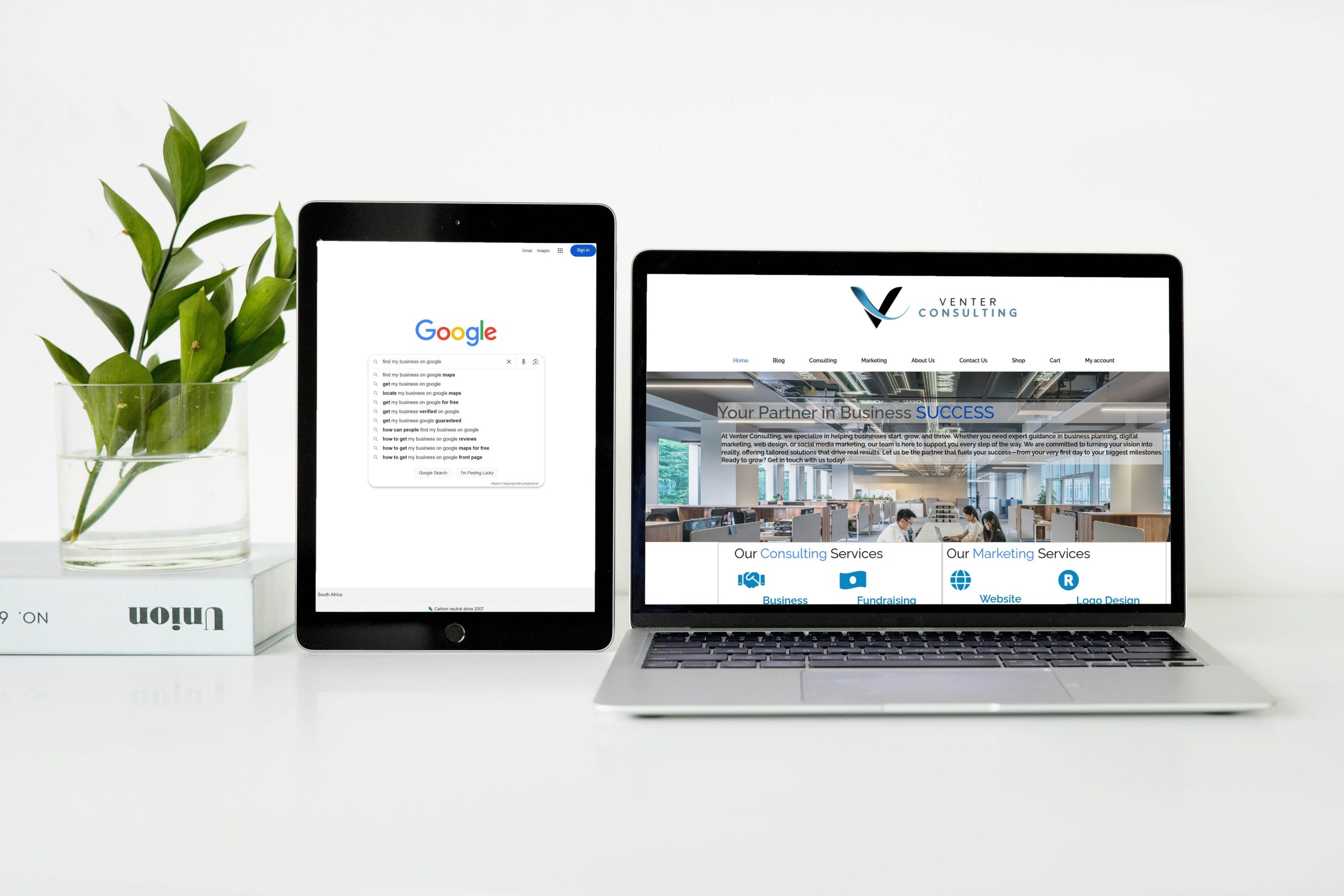 Tablet with Google search for local businesses and laptop displaying Venter Consulting website, highlighting online visibility for small businesses.