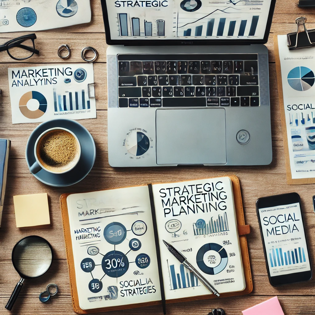 A sleek and professional image symbolizing strategic marketing planning. The scene features a flat lay of a wooden desk with a modern laptop displayin