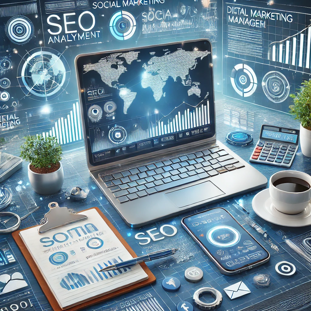 A professional and modern image representing digital marketing management. The scene features a computer screen displaying SEO analytics and social me