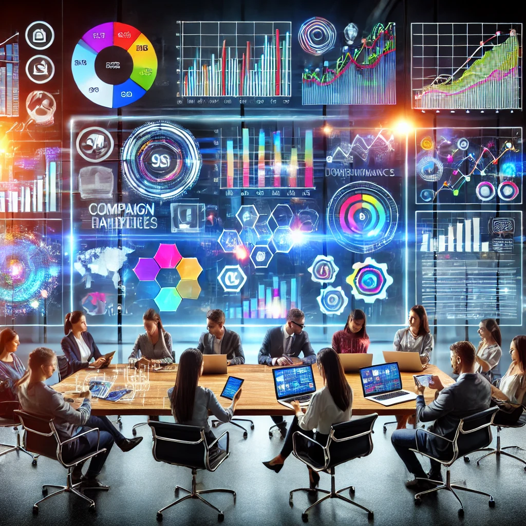 DALL·E 2024-11-21 14.47.16 - A vibrant, modern image of a diverse team collaborating in a sleek office environment, surrounded by charts, laptops, and brainstorming notes. The cen