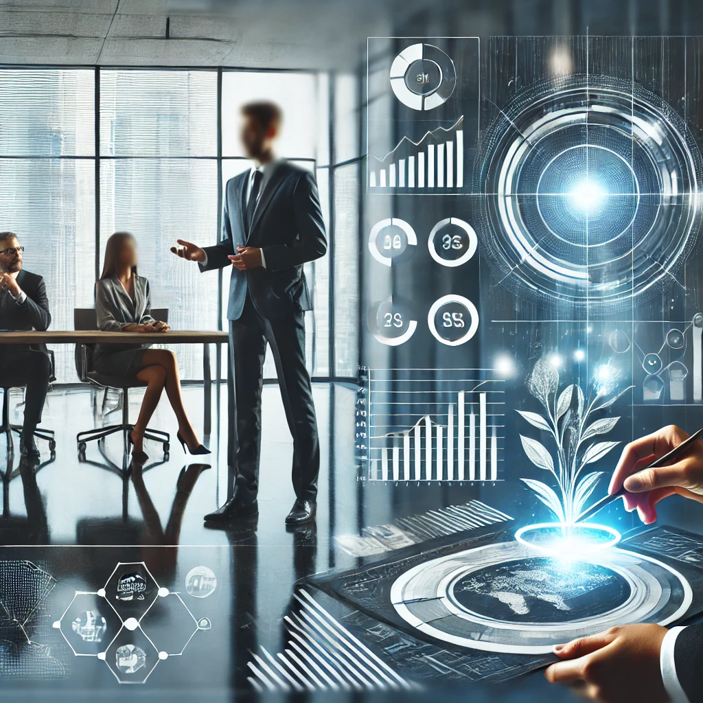 A professional and modern image depicting the concept of fundraising for businesses. The visual includes a business consultant presenting a financial