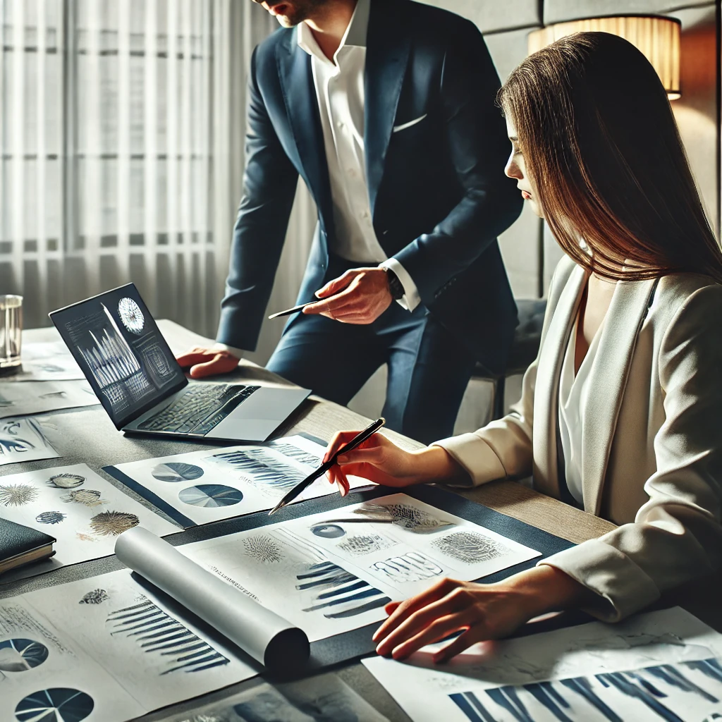 A professional and modern image of a business consultant and an entrepreneur reviewing a detailed business plan in an elegant office setting. The scen