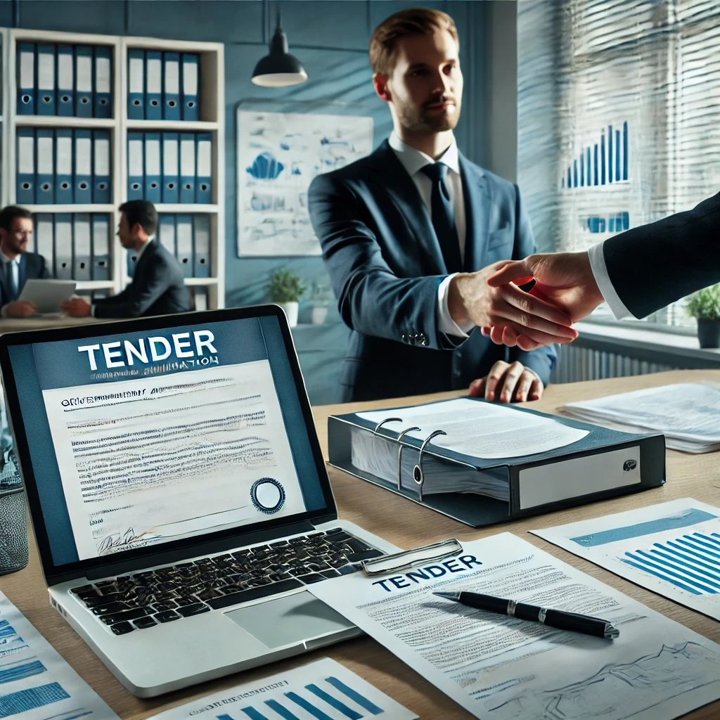 A professional and modern image showing a business consultant reviewing a tender application with a client in a well-lit office. The scene includes a